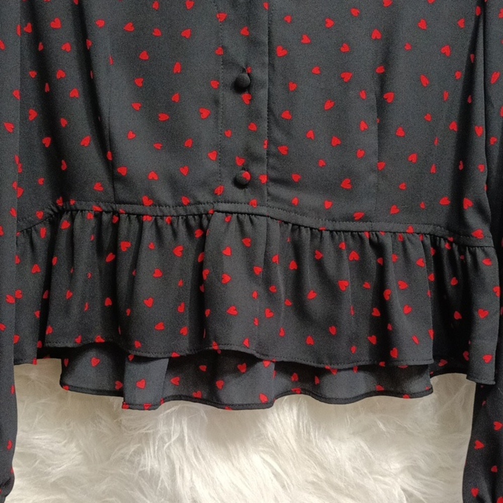 Red Hearts Sheer Black Red Cropped Balloon Sleeve Valentine's Day … - Picture 4 of 5